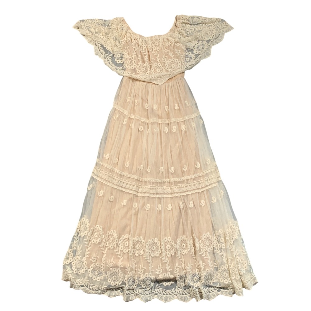 Vici Lace Maxi Dress Womens Large Off Shoulder Boho Tiered Cream Wedding Guest